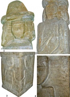 Збручское изваяние (детали): 1 - сторона С; 2 - сторона В; 3 - стороны А и В; 4 - сторона А.