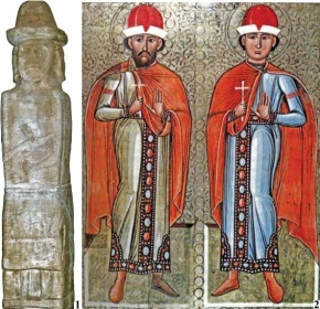 1 - Збручское изваяние, сторона А; 2 &ndash; св. Борис и Глеб, икона (Потелич).
