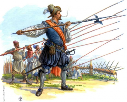 Сержант отряда Христиера Зомме обучает посошных ратных людей обращению с пикой по нидерландскому уставу в лагере М.В.Скопина-Шуйского под Калязиным монастырем (август 1609 г.)