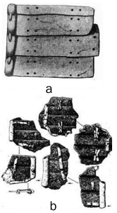 а) Пластины доспеха, обнаруженного в Береле, по В. Радлову, Ь) обхваченные кожей ламеллярные пластины Усть-Ишима