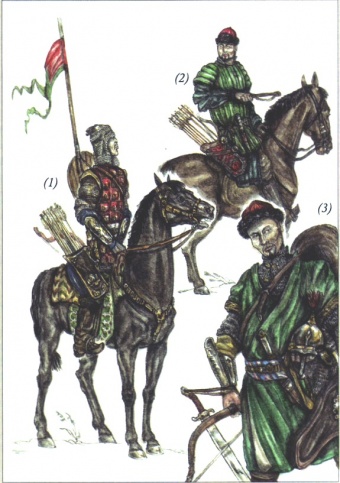 Комплекс вооружения сибирских татарских воинов: тяжеловооруженный всадник (1) легковооруженный всадник (2) тяжеловооруженный пеший воин (3). Реконструкция Л. А. Боброва.