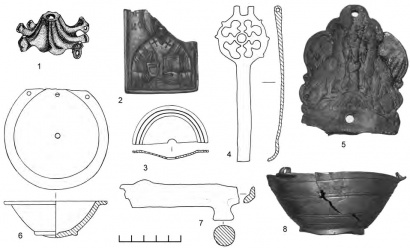 Фрагменты церковной утвари: 1, 4 — Ров-2; 2 — Шестовица-Пойма; 3 — Лесковое; 5 — Селище; 6—7 — Овраменков Круг; 8 — Шумлай