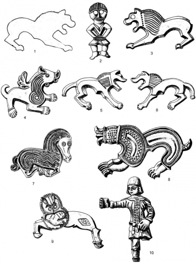  Аналогии «мартыновским фигуркам», подобранные Г.Ф. Корзухиной при подготовке публикации «Среднее Поднепровье в V-VIII вв». РА НА ИИМК. Ф. 77. Д. 113. Табл. 115. 1 — вероятно, планировалось разместить фигурку из Кобани; 2, 3 — станица Преградная; 4 — Читлук; 5, 6 — Фёнлак; 7 — Бискупие; 8 — Велестинон; 9 — Самчинцы; 10 — Малая Азия