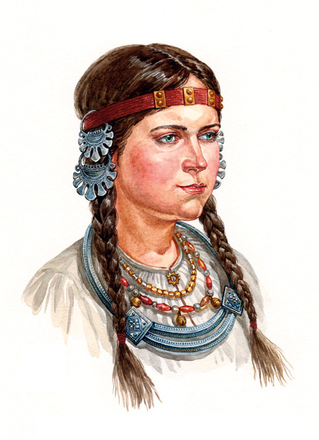 Девушка вятичей в уборе, с височными кольцами и шейной гривной. По материалам курганов вятичей, конца XI-XII вв.