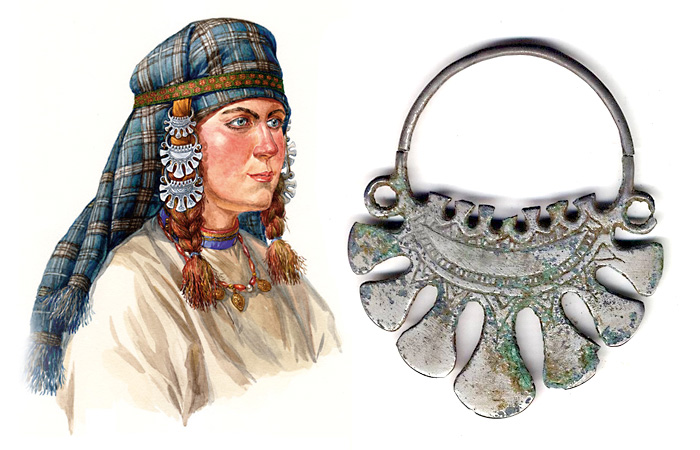 Женщина вятичей в ленточном уборе с височными кольцами. По материалам курганов вятичей из Подмосковтя, конец XI века - XII век