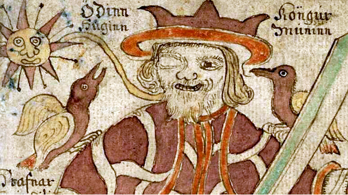 Вороны Хугин и Мунин на плечах Одина. Иллюстрация в исландской книге 18 века.