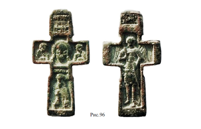 Двусторонний крест XVI в. с изображением Спаса Нерукотворного и избранных святых на лицевой стороне и архангела Михаила на оборотной стороне