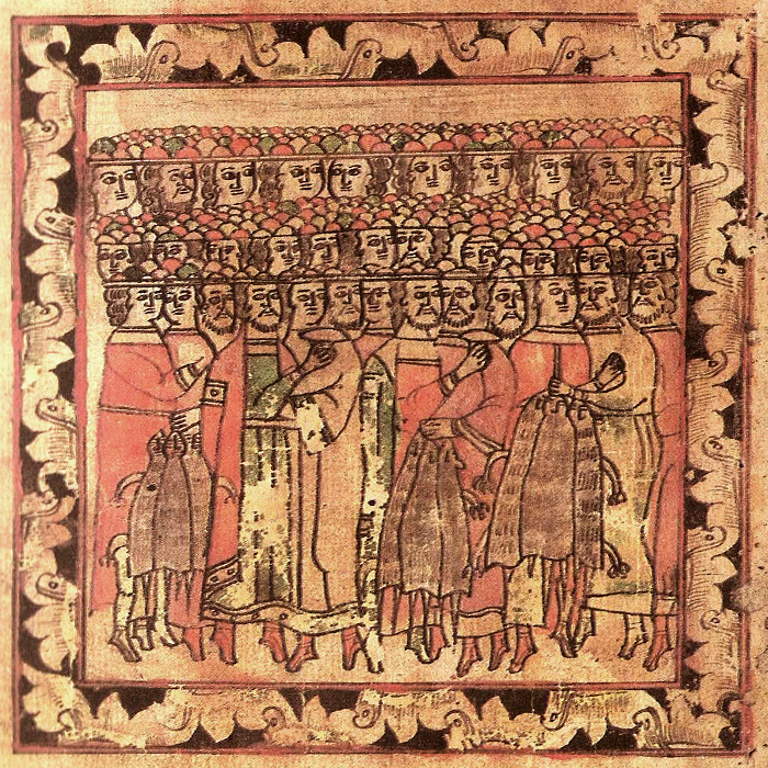 6. Сказание. Л. 101об. «Гости же сурожене и вси людие черные встретиша великого князя Дмитрея Ивановича Московского и всеа Русии в Коломенском со златыми и с соболми и с хлебом»