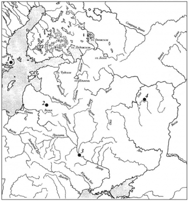 Карта находок типа А-местный (вариант «Киев») и фрагментов их перекрестий с орнаментом в виде переплетения сдвоенным растителъныгх побегов: 1 — Kunds Husby (Швеция); 2 — Visetiskes (Литва); 3 — Киев (Украина); 4 — Пурдошки (Россия, Мордовия)