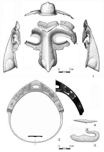 Предметы, найденные около с. Диброво: 1 — полумаска; 2 — стремя; 3 — кресало; 4 — нож.