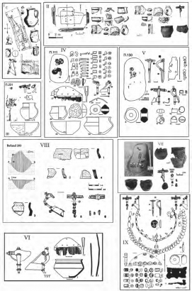 Комплексы с фибулами городницкой серии: I – городница, II – незвиско ж.1, III – чернелив-русский/ п. 231, IV — чернелив-русский/ п. 111 , V — чернелив-русский/ п. 130, VI — ружичанка/ п. 24, VII — токи/ п. 5, VIII — опатув/ п. 293, IX — Петровичи/п. 36
