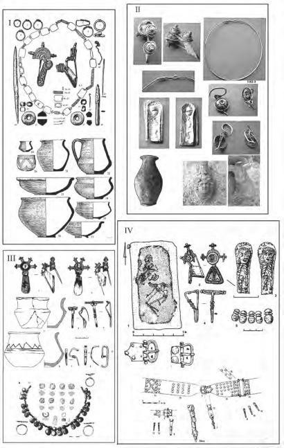Погребальные комплексы с фибулами «чудовищно развитых» форм: I – Данчены/п. 371; II – Житомирская область; III – Любишево/п.10; IV – Веклице/п. 150