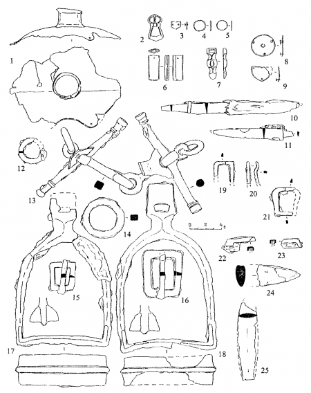 Инвентарь погребения № 482. 1 - конский начельник; 2 - пряжка оголовья; 3 - 5 - бляшки от ремней оголовья; 6 - наконечник ремня оголовья; 7 - чумбурный блок; 8, 9 -украшения ремней сбруи; 10, 11 - ножи; 12, 14- сбруйные кольца; 13-удила; 15, 16-сбруйные пряжки; 17, 18- стремена; 19-21 - сбруйные пряжки; 22, 23 - фрагменты оковок ножен клинкового оружия; 24 - фрагмент клинка палаша; 25 - перо наконечника дротика.