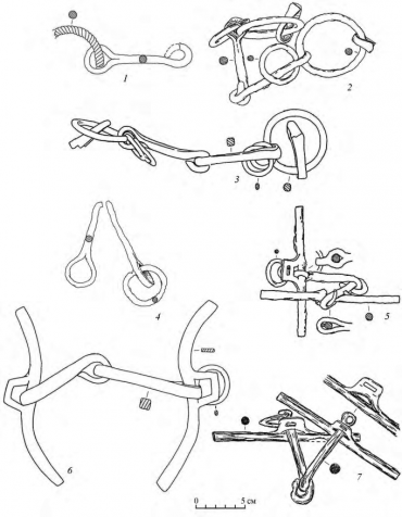 Предметы снаряжения верхового коня из Чулковского могильника. 1–7 – удила