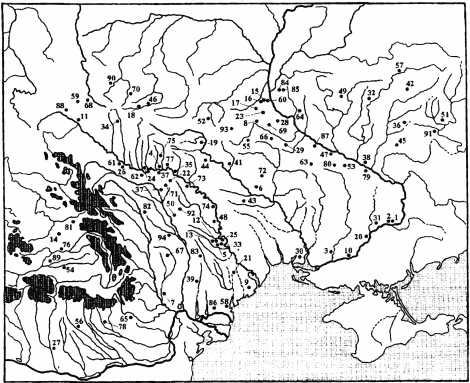 Карта находок оружия Черняховской культуры. Цифры на карте соответствуют номерам памятников в «Списке находок».