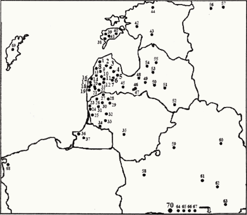 Поширення мечів типу ТІ куршський на території Прибалтики та Русі (за А. Томсоном з доповненням авторів).