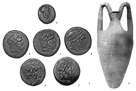 Находки из котлованов лета 1928 г.: 1 - бронзовые монеты; 2 - амфора