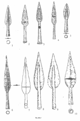 Залізні наконечники списів з поховань скіфського часу: 1 Сухин, випадкова знахідка (Галанина, 1977); 2 Яснозор’є (Ковпаненко, Бессонова, Скорый, 1994); 3 Тернове (Савченко, 2004); 4 Стеблів (Скорый, 1997); 5,6 Макіївка (Галанина, 1977); 7 Пісочин (Бабенко, 2005); 8,9 Новоселка (Бессонова, 1994); 10 Красний Поділ (Полин, 1984).
