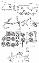 Бронзовые пластинчатые нагрудники (1, 4) и железные удила (2, 3, 5) из могильника Новолабинского IV городища