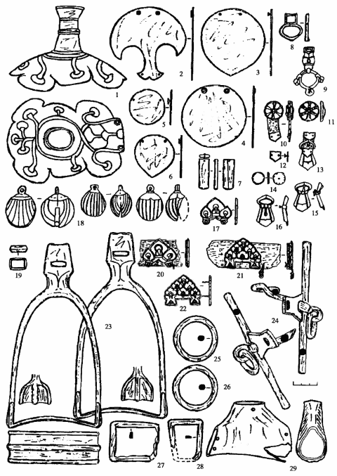 Инвентарь захоронения коня 3. 1-6, 8, 9, 18, 19 - бронза; 7, 10-17, 20-22 - серебро; 23-28 - железо; 29 - рог