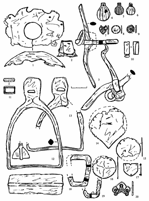 Инвентарь захоронения коня 1. 1,2, 4-11, 14-17, 20 - бронза; 3, 12, 13, 18, 19 - железо