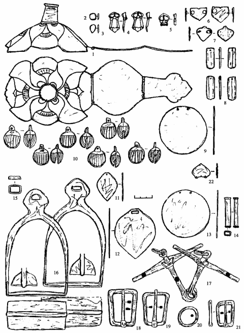 Инвентарь захоронения коня 4. 1-15, 22 - бронза; 16-21 - железо