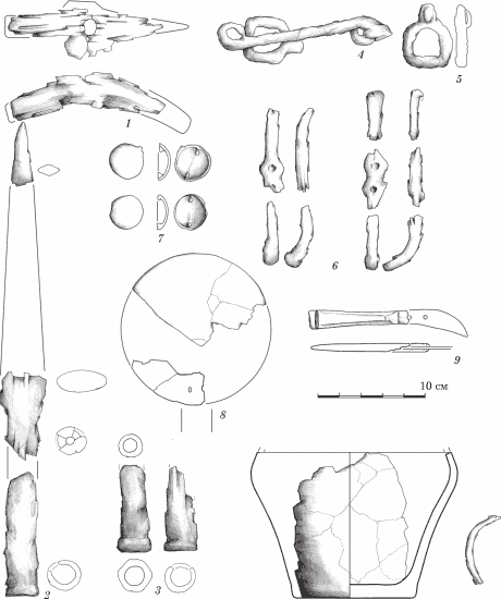 Материалы из кургана 6, захоронение 1: 1 - топор; 2 - наконечник копья; 3 - вток; 4 - фрагмент удил; 5 - пряжка; 6 - фрагменты псалий; 7 - бляшки; 8 - фрагменты зеркала; 9 - нож; 10 - фрагменты горшка; 11 - железная скобка