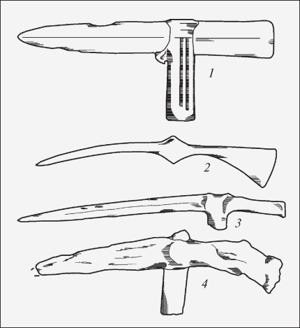 Типология ударно-рубящего оружия. Группа II – чеканы: 1 – Орехово; 2 – Трахтемировское городище; 3 – Мелитопольский курган; 4 – Первая Завадская