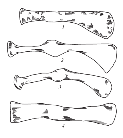 Типология ударно-рубящего оружия. Группа I - боевые топоры: 1 - Старшая Могила; 2 - Дуплинское; 3 - хут. Шумейко; 4 - Малая Офирна